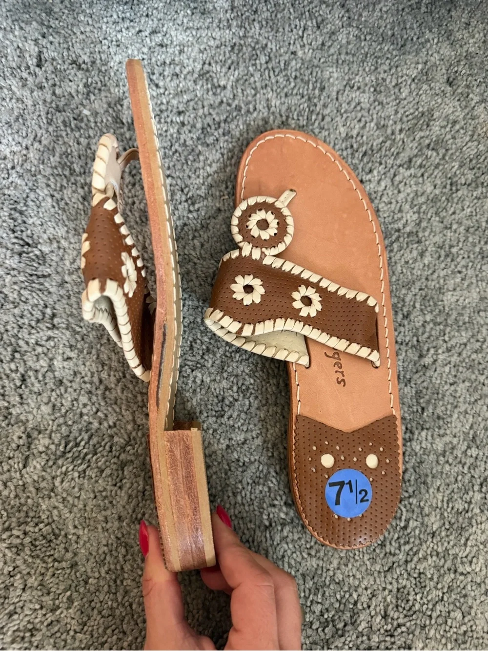 Jack Rogers Brown and White Leather Daisy Sandals